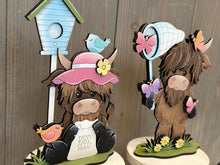 Load image into Gallery viewer, Highland Cow Spring Butterfly Standing Sign File SVG, Glowforge, Flower, Standing, Kite, Daisy, Cow Umbrella Tiered Tray LuckyHeartDesignsCo
