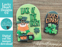 Load image into Gallery viewer, Leprechaun Tall Arch Sign Interchangeable File SVG, TINY, INSERT only Clover, Lucky Gold Glowforge, Holiday, Tiered Tray LuckyHeartDesignsCo
