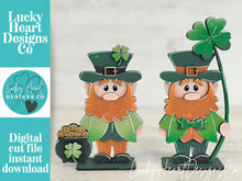 Load image into Gallery viewer, Leprechaun St. Patrick's Day Standing Sign File SVG, Clover, Mantle decor, Shamrock, Gold, glowforge, LuckyHeartDesignsCo
