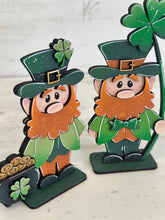 Load image into Gallery viewer, Leprechaun St. Patrick's Day Standing Sign File SVG, Clover, Mantle decor, Shamrock, Gold, glowforge, LuckyHeartDesignsCo
