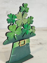 Load image into Gallery viewer, Clover Hat Standing Sign File SVG, St. Patrick's Day Leprechaun Clover, Mantle decor, Shamrock glowforge, LuckyHeartDesignsCo
