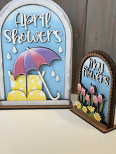 Load image into Gallery viewer, April May Spring Tall Arch Sign Interchangeable File SVG, TINY, INSERT only Boots Umbrella Glowforge Holiday Tiered Tray LuckyHeartDesignsCo
