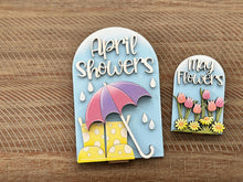 Load image into Gallery viewer, April May Spring Tall Arch Sign Interchangeable File SVG, TINY, INSERT only Boots Umbrella Glowforge Holiday Tiered Tray LuckyHeartDesignsCo
