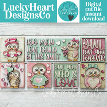 Load image into Gallery viewer, Owl Valentine Love Interchangeable Leaning Sign File SVG, Glowforge Tiered Tray, Bird, Love, Heart, LuckyHeartDesignsCo
