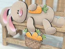 Load image into Gallery viewer, Floppy Easter Bunny Shelf Hanger Standing Sign File SVG, Rabbit, Carret, Basket, Mantle decor, glowforge LuckyHeartDesignsCo
