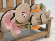 Load image into Gallery viewer, Floppy Easter Bunny Shelf Hanger Standing Sign File SVG, Rabbit, Carret, Basket, Mantle decor, glowforge LuckyHeartDesignsCo
