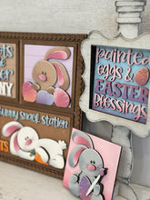 Load image into Gallery viewer, Floppy Easter Bunny Interchangeable Leaning Sign File SVG, Glowforge Tiered Tray, Carrot, Egg, Spring, LuckyHeartDesignsCo
