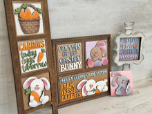 Load image into Gallery viewer, Floppy Easter Bunny Interchangeable Leaning Sign File SVG, Glowforge Tiered Tray, Carrot, Egg, Spring, LuckyHeartDesignsCo
