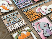 Load image into Gallery viewer, Floppy Easter Bunny Interchangeable Leaning Sign File SVG, Glowforge Tiered Tray, Carrot, Egg, Spring, LuckyHeartDesignsCo
