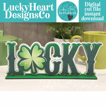 Load image into Gallery viewer, Lucky Clover Shelf Sitter Standing Sign File SVG, St. Patrick's Day Leprechaun Clover, Mantle decor, Shamrock glowforge, LuckyHeartDesignsCo
