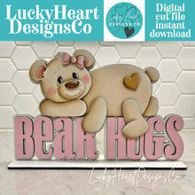 Load image into Gallery viewer, Bear Hugs Valentine Shelf Sitter Sign File SVG, Heart, Bow, I Love You, Tiered Tray Glowforge LuckyHeartDesignsCo
