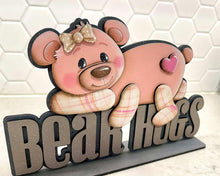 Load image into Gallery viewer, Bear Hugs Valentine Shelf Sitter Sign File SVG, Heart, Bow, I Love You, Tiered Tray Glowforge LuckyHeartDesignsCo
