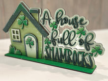 Load image into Gallery viewer, House Full Of Shamrocks Shelf Sitter Standing Sign File SVG, St. Patrick's Day Leprechaun Clover Mantle decor glowforge, LuckyHeartDesignsCo
