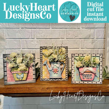 Load image into Gallery viewer, Spring Plant Flower Vase Pot Sign Trio File SVG, Glowforge, Mother's Day, Watering Can, Floral, Grandma, LuckyHeartDesignsCo
