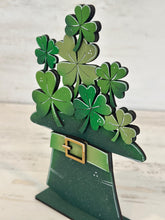Load image into Gallery viewer, Clover Hat Standing Sign File SVG, St. Patrick's Day Leprechaun Clover, Mantle decor, Shamrock glowforge, LuckyHeartDesignsCo
