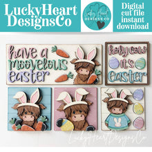 Load image into Gallery viewer, Highland Easter Carrots Interchangeable Leaning Sign File SVG, Glowforge Farm, Egg, Cow, Bunny, Tiered Tray, Spring, LuckyHeartDesignsCo
