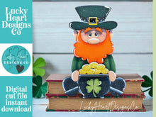 Load image into Gallery viewer, Leprechaun Shelf Hanging Standing Sign File SVG, Hanger, St. Patrick's, Day, Tiered Tray, Clover Mantle decor, glowforge LuckyHeartDesignsCo

