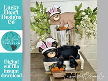 Load image into Gallery viewer, Easter Bear Bunny Shelf Hanging Sign File SVG, Rabbit, Carrot, Basket, Mantle decor, Woodland, glowforge LuckyHeartDesignsCo
