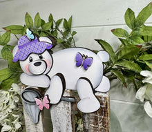 Load image into Gallery viewer, Spring Bear Shelf Hanging Sign File SVG, Butterfly, Net, Floral, Flower, Basket, Mantle decor, Woodland, glowforge LuckyHeartDesignsCo
