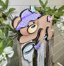 Load image into Gallery viewer, Spring Bear Shelf Hanging Sign File SVG, Butterfly, Net, Floral, Flower, Basket, Mantle decor, Woodland, glowforge LuckyHeartDesignsCo
