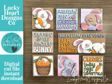Load image into Gallery viewer, Floppy Easter Bunny Interchangeable Leaning Sign File SVG, Glowforge Tiered Tray, Carrot, Egg, Spring, LuckyHeartDesignsCo
