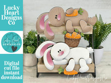 Load image into Gallery viewer, Floppy Easter Bunny Shelf Hanger Standing Sign File SVG, Rabbit, Carret, Basket, Mantle decor, glowforge LuckyHeartDesignsCo
