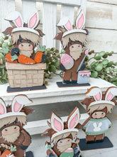 Load image into Gallery viewer, Highland Easter Butterfly Standing Sign File SVG, Glowforge, Cow, Bunny, Egg, Basket, Carrots, Tiered Tray LuckyHeartDesignsCo
