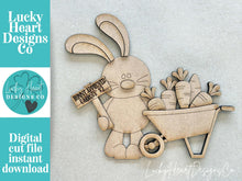 Load image into Gallery viewer, Floppy Easter Bunny Carrots Wheelbarrow Standing File SVG, Glowforge, Tiered Tray, Egg, Basket, Egg Hunt, LuckyHeartDesignsCo
