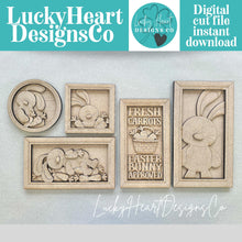 Load image into Gallery viewer, Floppy Easter Bunny Wall Sign Bundle Set File SVG, Glowforge, Spring, Carrot, Basket Cottontail, Chocolate, LuckyHeartDesignsCo
