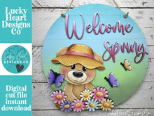 Load image into Gallery viewer, Boor Spring Door Hanger Sign File SVG, Glowforge, Daisy, Woodland, Flower, Butterfly, LuckyHeartDesignsCo
