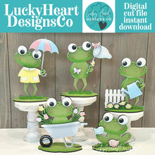 Load image into Gallery viewer, Frog Spring Standing Sign File SVG, Glowforge, Flower, Butterfly, Daisy, Watering can, Umbrella Tiered Tray LuckyHeartDesignsCo
