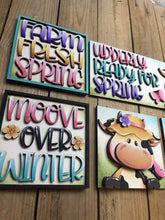 Load image into Gallery viewer, Dairy Cow Spring Farm Interchangeable Leaning Sign File SVG, Glowforge Farm, Flower, Bird, Tiered Tray, Spring, LuckyHeartDesignsCo
