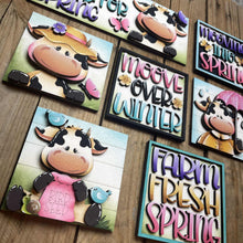 Load image into Gallery viewer, Dairy Cow Spring Farm Interchangeable Leaning Sign File SVG, Glowforge Farm, Flower, Bird, Tiered Tray, Spring, LuckyHeartDesignsCo
