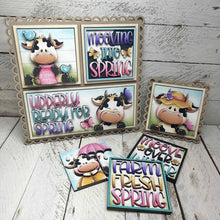 Load image into Gallery viewer, Dairy Cow Spring Farm Interchangeable Leaning Sign File SVG, Glowforge Farm, Flower, Bird, Tiered Tray, Spring, LuckyHeartDesignsCo
