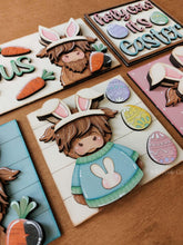 Load image into Gallery viewer, Highland Easter Carrots Interchangeable Leaning Sign File SVG, Glowforge Farm, Egg, Cow, Bunny, Tiered Tray, Spring, LuckyHeartDesignsCo
