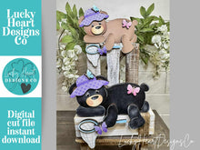Load image into Gallery viewer, Spring Bear Shelf Hanging Sign File SVG, Butterfly, Net, Floral, Flower, Basket, Mantle decor, Woodland, glowforge LuckyHeartDesignsCo

