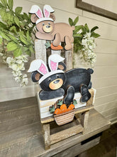 Load image into Gallery viewer, Easter Bear Bunny Shelf Hanging Sign File SVG, Rabbit, Carrot, Basket, Mantle decor, Woodland, glowforge LuckyHeartDesignsCo
