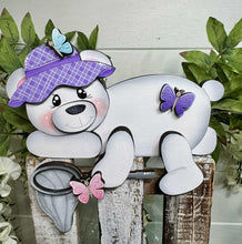 Load image into Gallery viewer, Spring Bear Shelf Hanging Sign File SVG, Butterfly, Net, Floral, Flower, Basket, Mantle decor, Woodland, glowforge LuckyHeartDesignsCo

