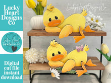 Load image into Gallery viewer, Duck Spring Shelf Hanging Sign File SVG, Daisy, Butterfly, Floral, Flower, Basket, Mantle decor, Woodland, glowforge LuckyHeartDesignsCo
