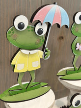 Load image into Gallery viewer, Frog Spring Standing Sign File SVG, Glowforge, Flower, Butterfly, Daisy, Watering can, Umbrella Tiered Tray LuckyHeartDesignsCo
