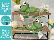 Load image into Gallery viewer, Frog Spring Shelf Hanging Sign File SVG, Daisy, Butterfly, Floral, Flower, Basket, Mantle decor, Woodland, glowforge LuckyHeartDesignsCo
