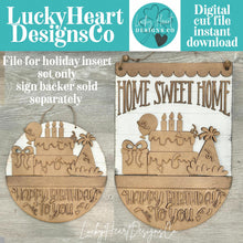 Load image into Gallery viewer, Birthday Holiday Door Sign Interchangeable File, SVG Cake, Balloon, Candles, Present, Celebrate, Seasonal, Home, Welcome, glowforge
