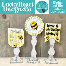 Load image into Gallery viewer, Bee Pedestal Spindle Slide On Seasonal Set Interchangeable File SVG, Summer, Spring Bumble Home Sign, Decor Glowforge, LuckyHeartDesignsCo
