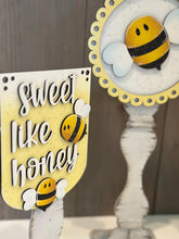 Load image into Gallery viewer, Bee Pedestal Spindle Slide On Seasonal Set Interchangeable File SVG, Summer, Spring Bumble Home Sign, Decor Glowforge, LuckyHeartDesignsCo
