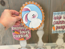 Load image into Gallery viewer, Easter Bunny Pedestal Spindle Slide On Seasonal Set Interchangeable File SVG, Carrots Spring Home Sign, Decor Glowforge, LuckyHeartDesignsCo
