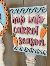 Load image into Gallery viewer, Easter Bunny Pedestal Spindle Slide On Seasonal Set Interchangeable File SVG, Carrots Spring Home Sign, Decor Glowforge, LuckyHeartDesignsCo

