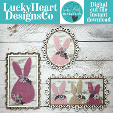 Load image into Gallery viewer, Floral Bunny Head Sign Trio File SVG, Glowforge, Spring, Flower, Easter, Cottontail, Decorative Frame, Lace,LuckyHeartDesignsCo
