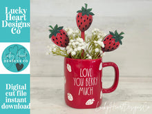 Load image into Gallery viewer, Strawberry Mug Stick File SVG, Glowforge Tiered Tray, Tray Decor, Fruit, Spring, Summer Plant Topper, Gift, LuckyHeartDesignsCo
