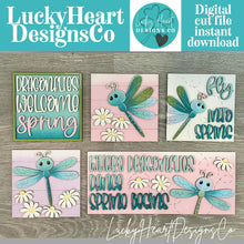 Load image into Gallery viewer, Dragonfly Interchangeable Leaning Sign File SVG, Tiered Tray, Glowforge, Dragonflies, Butterfly, Spring, Summer, LuckyHeartDesignsCo
