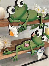 Load image into Gallery viewer, Frog Spring Shelf Hanging Sign File SVG, Daisy, Butterfly, Floral, Flower, Basket, Mantle decor, Woodland, glowforge LuckyHeartDesignsCo
